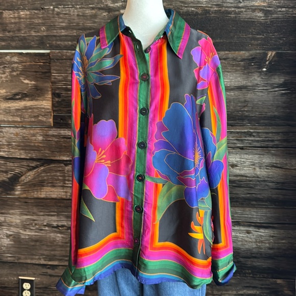 FARM Rio Black Multicolor Floral Stripe Button-Down Blouse - Picture 2 of 10